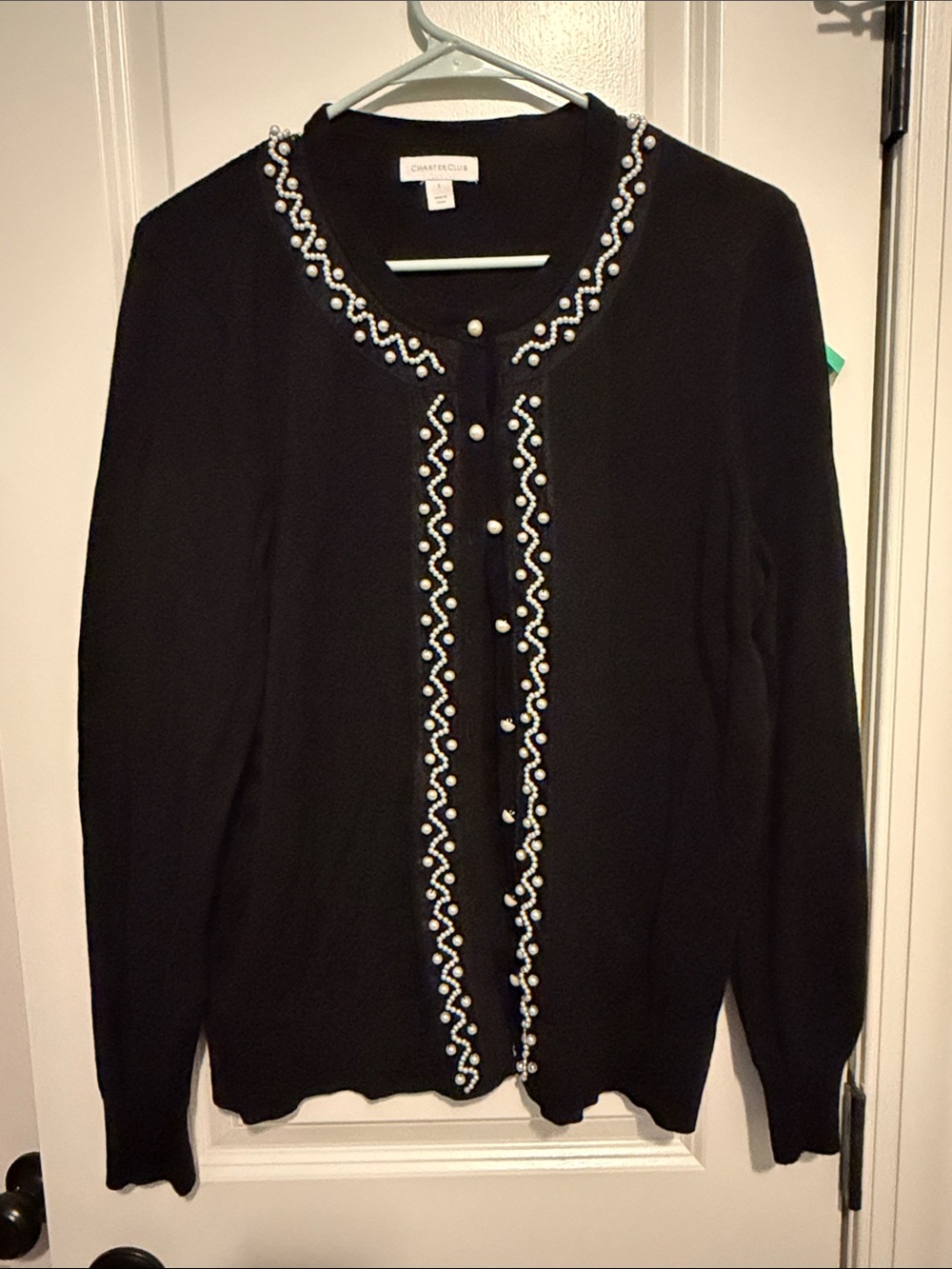 Charter Club size L Black Pearl beaded Women's button down Sweater Cardigan